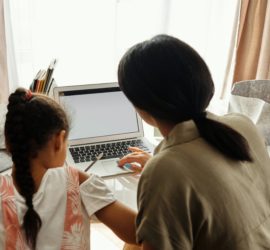 Woman and child looking at a computer screen
