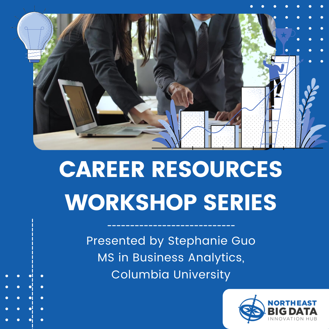 A graphic advertising the Career Resources Workshop Series with presenter Stephanie Guo
