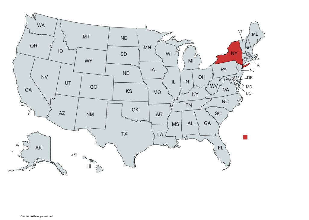 Map of the United States with the state of New York highlighted in red