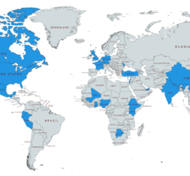 A map of the world highlighting countries where the National Student Data Corps has reached, in total 26 countries outside of the United States.