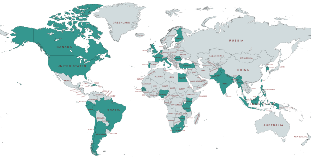 A map of the world highlighting countries where the COVID Information Commons has reached, in total 35 countries outside of the United States.