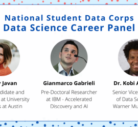 Poster promoting panelists for Data Science Career Panel, including Emily Javan, Gianmarco Gabrieli, and Dr. Kobi Abayomi