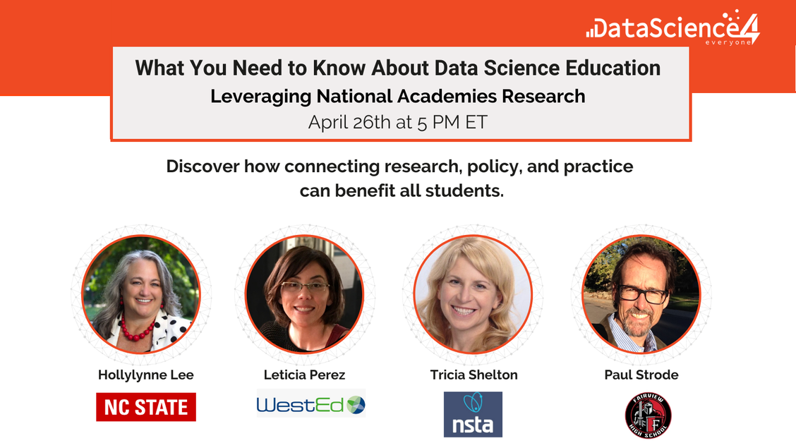 Graphic for the Data Science 4 everyone Leveraging National Academies Research event on April 26th, 2023 at 5pm ET