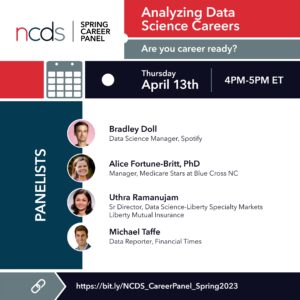 Graphic for the NCDS Analyzing Data Science Careers Panel occurring on April 13th, 2023 at 4pm ET