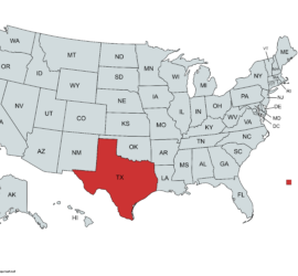 A grey map of the United States with Texas highlighted in red