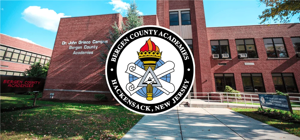 Brick building of Bergen County Academies with their logo digitally overlayed on top