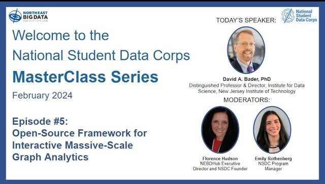 Graphic with Text. Text reads Welcome to the National Student Data Corps MasterClass Series on February 2024. Episode #5 Open-Source Framework for Interactive Massive-Scale Graph Analytics