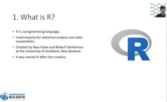 Webinar screenshot featuring information about What is R?