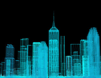 Future cyber business smart city and city power energy technology concept, neon color city architecture model, 3D presentation wallpaper background